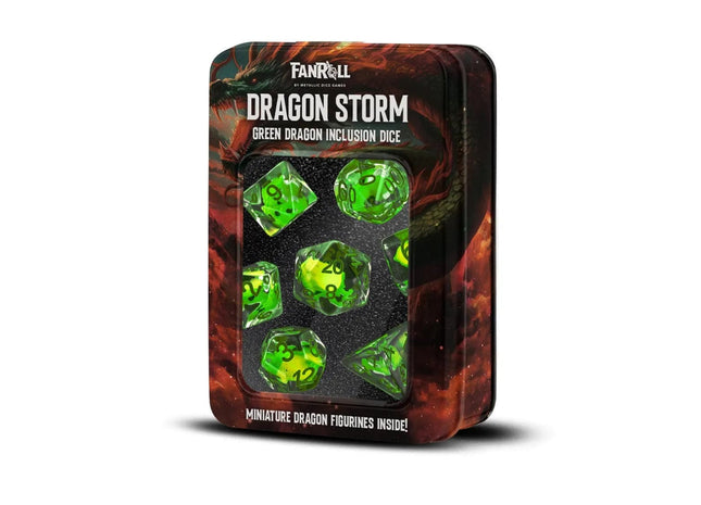 Gamers Guild AZ Metallic Dice Games Dragon Storm Inclusion Resin Dice Set: Green Dragon - 7 Set RPG Dice Metallic Dice Games